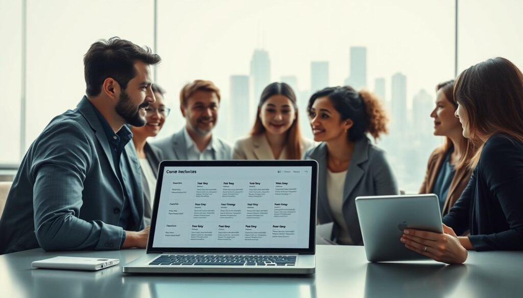A modern, minimalist image showcasing the concept of "leadership and technology short courses". In the foreground, a group of diverse professionals engaged in a collaborative discussion, their faces animated with ideas and enthusiasm. In the middle ground, a sleek, futuristic-looking laptop and tablet display course materials and schedules. The background features a clean, geometric city skyline, hinting at the global reach and impact of these specialized programs. The lighting is soft and warm, creating an atmosphere of professionalism and innovation. The overall composition conveys a sense of progress, opportunity, and the intersection of leadership development and emerging technologies.