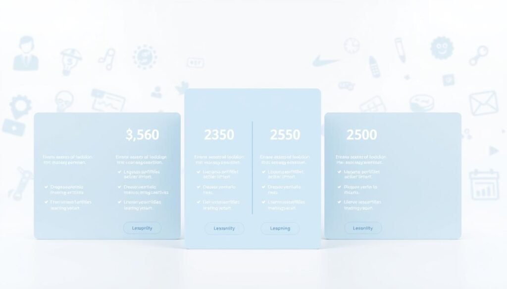 A modern, minimalist infographic showcasing the pricing plans for an online English learning platform. In the foreground, clean lines and geometric shapes depict the various subscription tiers, with numerical values and brief descriptions. The middle ground features subtly textured backgrounds in a calming palette of blues and grays, creating a professional, tech-savvy atmosphere. The background contains simple icons and illustrations that visually complement the pricing information, evoking the idea of language learning and education. Soft, even lighting illuminates the scene, with a slight depth of field to draw the viewer's attention to the key pricing details. The overall composition is balanced, sleek, and designed to convey the accessibility and value of the English learning plans.
