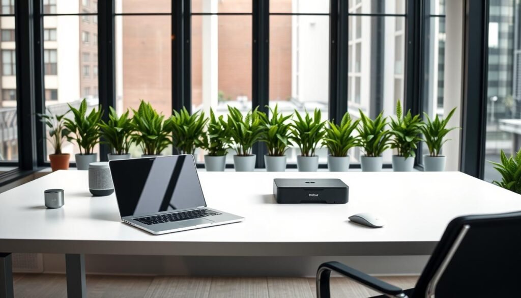 A modern, minimalist office setting with a clean, organized layout. In the foreground, a sleek desk features a laptop, tablet, and various SaaS business tools such as a smart speaker, wireless mouse, and a compact printer. The middle ground showcases a row of potted plants, subtly framing the workspace. The background depicts floor-to-ceiling windows, allowing natural light to flood the space and create a bright, airy atmosphere. The overall mood is one of productivity, efficiency, and a sense of professional sophistication.