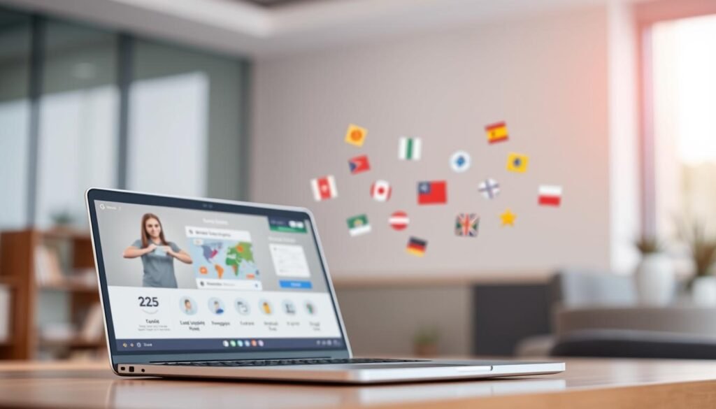 A modern, minimalist online language learning platform. In the foreground, a sleek laptop display shows a virtual classroom interface with interactive learning tools. In the middle ground, colorful geometric shapes and icons representing different languages float against a blurred background. Soft, diffused lighting casts a warm, inviting glow over the scene. The overall atmosphere is one of technological sophistication, educational empowerment, and global connectivity.