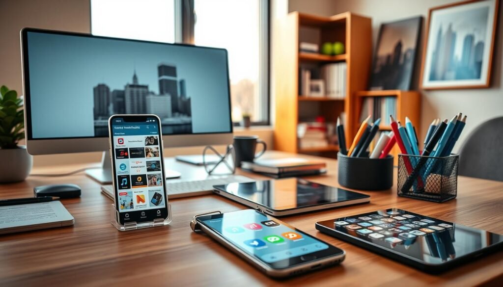 A modern office setting with a wooden desk, computer monitor, and various marketing-related tools and accessories. In the foreground, a sleek smartphone displays a selection of software deals, while a tablet showcases app icons. In the middle ground, a neatly organized collection of pens, highlighters, and a stylish desk organizer. The background features a minimalist bookshelf with marketing books and a framed print of a city skyline, bathed in warm, natural lighting from a large window. The overall atmosphere conveys a professional, productive, and visually appealing workspace dedicated to exploring the latest software deals.