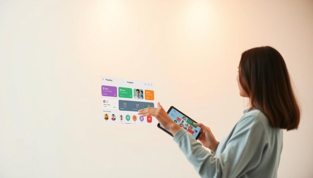 A modern, sleek language learning app interface floats in a minimalist, well-lit environment. In the foreground, a clean, intuitive dashboard displays colorful icons and interactive learning modules. The middle ground features a user gracefully navigating the app on a high-resolution touchscreen device, their face partially obscured to maintain focus on the interface. The background is a softly blurred, airy expanse, suggesting a sense of openness and digital expansion. Warm, gentle lighting emanates from unseen sources, casting a calming glow over the scene. The overall mood is one of seamless, effortless language mastery in a contemporary, technology-driven setting.