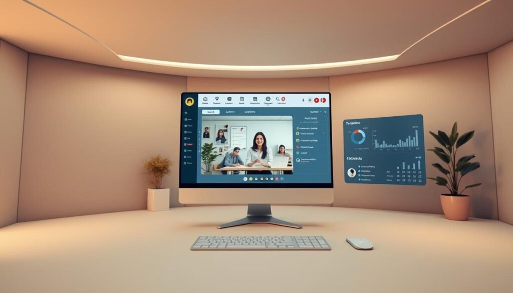 A modern, sleek online language lessons platform with a clean, minimalist user interface. In the foreground, an interactive virtual classroom with a teacher and students engaged in a lesson, surrounded by intuitive learning tools and resources. The middle ground features a dashboard displaying customizable lesson plans, progress tracking, and student engagement analytics. In the background, a warm, muted color palette with soft lighting creates a calming, focused atmosphere, conveying a sense of professionalism and efficiency. The scene is captured through a wide-angle lens, emphasizing the platform's comprehensive, user-friendly design.