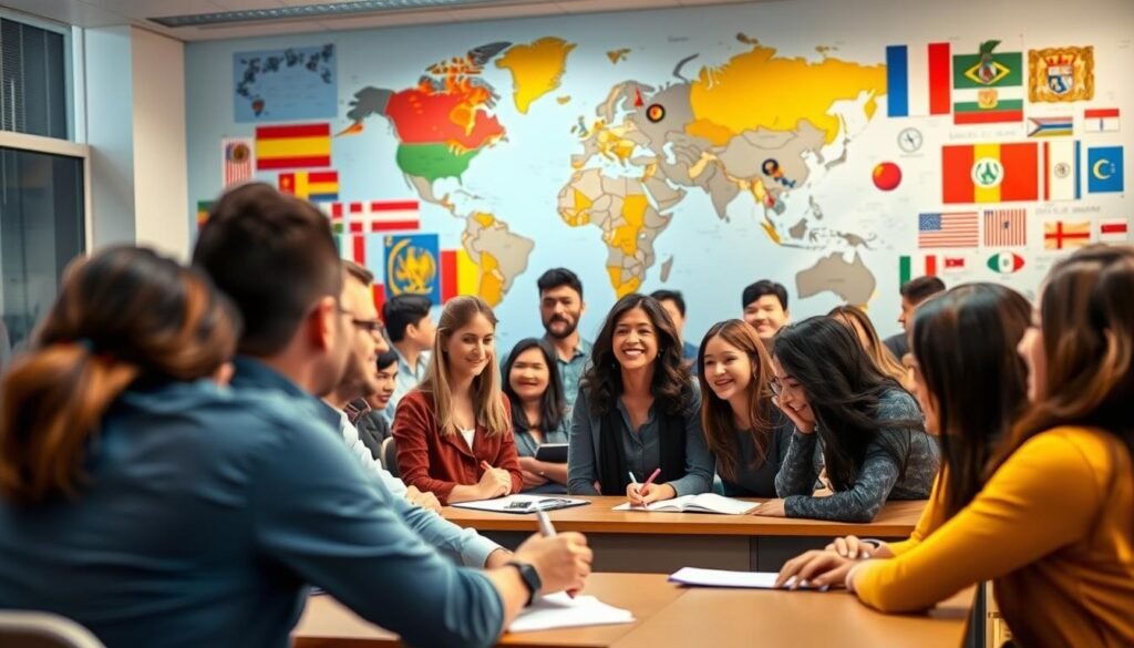 A modern, well-lit classroom with specialized language instructors positioned in the foreground, each engrossed in one-on-one lessons with their students. The middle ground features a diverse group of students, their faces alight with engaged expressions as they practice conversing in their target languages. In the background, a vibrant, colorful mural depicting the flags and symbols of various world cultures, symbolizing the global nature of language learning. The lighting is warm and inviting, creating a sense of welcoming professionalism. The overall scene conveys the personalized, immersive experience of learning languages with expert tutors.
