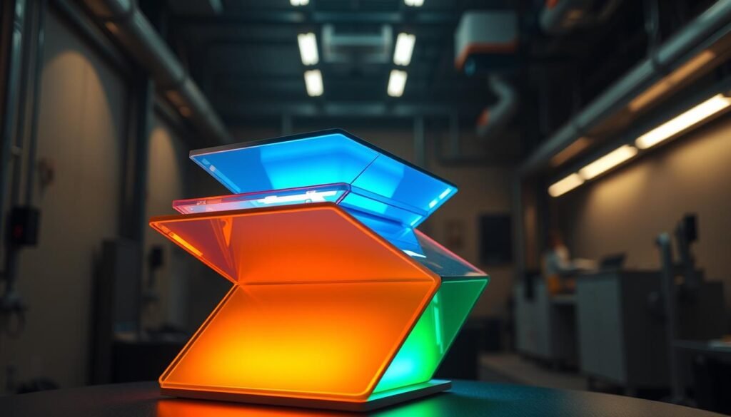 A multi-level light signaling device, with a sleek, modern design. In the foreground, a stack of angled, translucent panels emit a soft, holographic glow, each level illuminated by a different color – warm amber, cool blue, and vibrant green. The middle ground features a minimalist, metallic frame that supports the panels, creating a sense of depth and structure. In the background, a dimly lit, industrial-style environment provides a contrasting backdrop, emphasizing the device's advanced, high-tech nature. The lighting is carefully balanced, casting subtle shadows and highlights that enhance the three-dimensional form. The overall aesthetic is both functional and visually captivating, reflecting the advanced capabilities of the NeuroVizr neuroscience visualization tool.