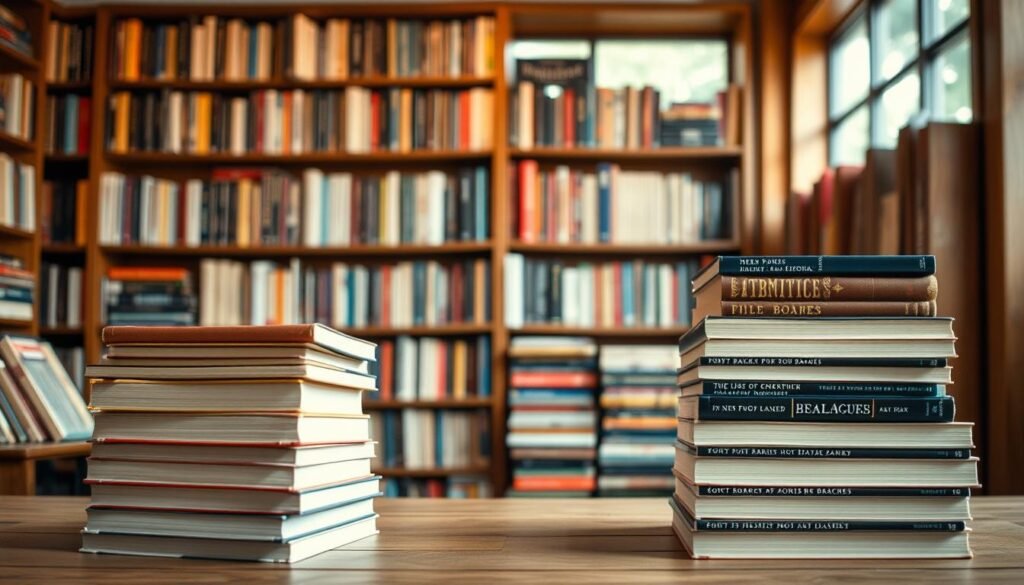 A neatly organized bookshop display, showcasing AbeBooks' new and used book offerings. In the foreground, two stacks of books stand side-by-side, one with crisp, fresh covers representing new titles, the other with well-worn spines denoting pre-owned volumes. The middle ground features a wooden bookshelf, its shelves brimming with a diverse selection of books in varying conditions. Warm, natural lighting filters through a large window, casting a cozy glow over the scene. The background subtly blurs, drawing the viewer's attention to the focal point - the juxtaposition of new and used books, embodying the essence of AbeBooks' unique marketplace.