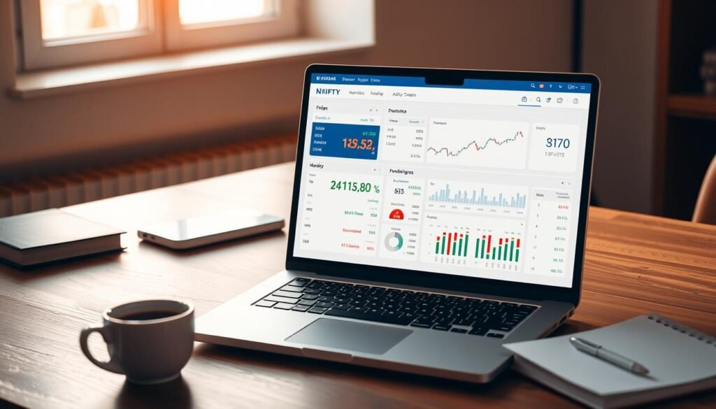 A neatly organized financial dashboard displayed on a laptop screen, showcasing Nifty stock market data and fundamental analysis tools. The screen is positioned on a minimalist wooden desk, with a cup of coffee and a notebook nearby, creating a serene and focused workspace. Warm, natural lighting filters through a window, casting a soft glow on the scene. The display presents a clean, intuitive interface with charts, graphs, and financial metrics highlighting the key fundamentals of Nifty stocks. The overall atmosphere conveys a sense of diligent, analytical investment research.