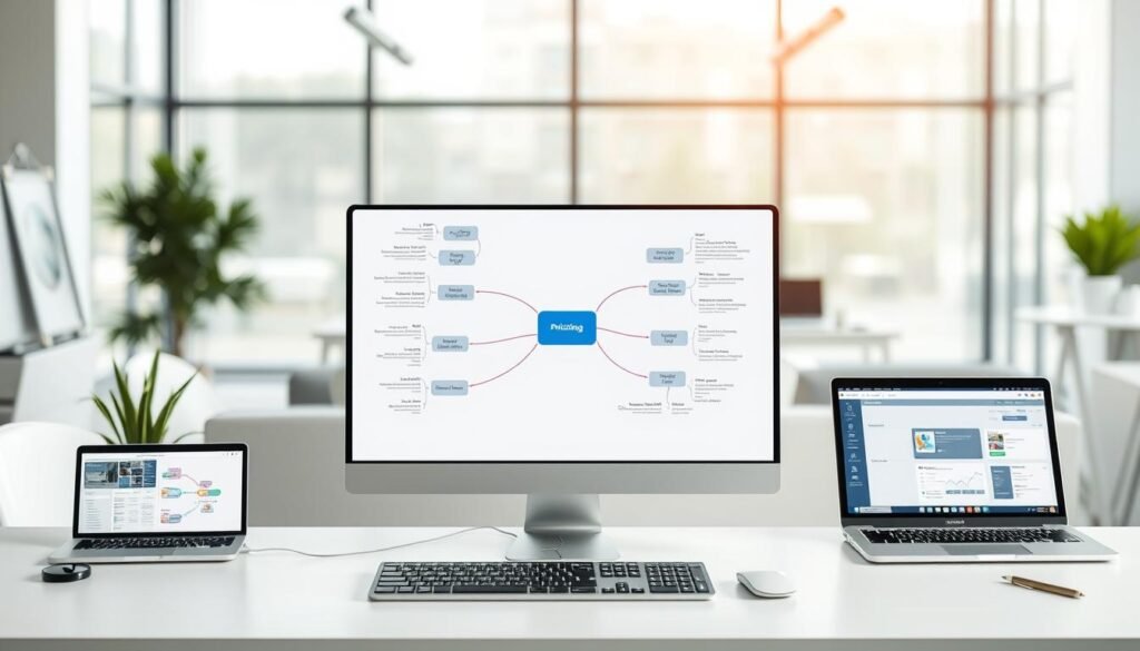 A neatly organized mind map software pricing options interface, displayed on a clean, minimalist desktop setup. The foreground features a central mind map displaying various pricing tiers, plans, and feature breakdowns. The middle ground showcases different device mockups showing the software in use, while the background depicts a serene, blurred office scene with natural lighting filtering through large windows. The overall mood is one of professionalism, clarity, and informative presentation.