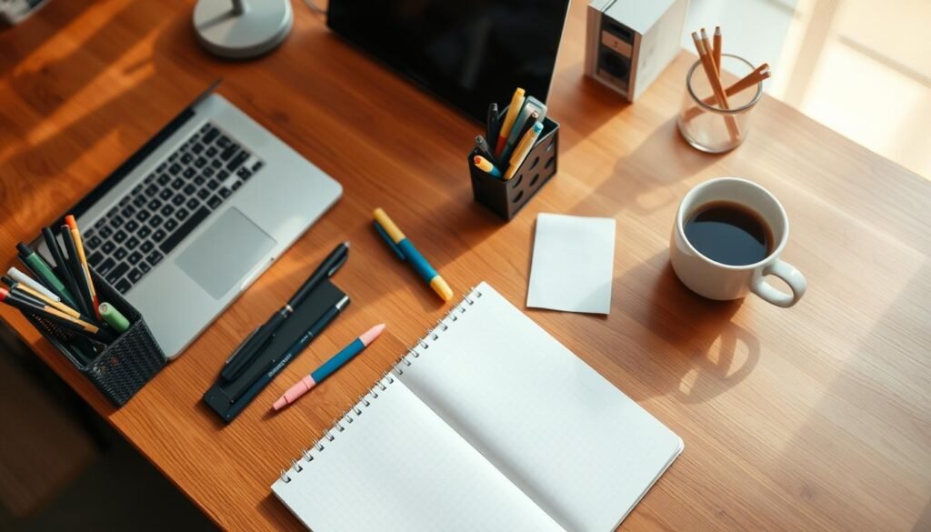 A neatly organized workspace with a wooden desk, a laptop, a notebook, and various productivity tools such as pens, highlighters, a desk organizer, and a cup of coffee. The lighting is warm and natural, with soft shadows casting a cozy atmosphere. The angle is slightly elevated, capturing the desk from a bird's-eye view, highlighting the harmonious arrangement of the tools. The background is blurred, placing the focus on the foreground elements, which represent the essentials for a productive and efficient work session.