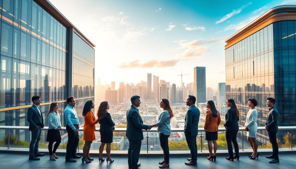 A panoramic view of a modern tech partnership between Udacity and other leading companies. In the foreground, a group of diverse professionals shaking hands, symbolizing collaboration. The middle ground features sleek, futuristic office buildings with clean lines and glass facades, representing Udacity's cutting-edge technology. In the background, a cityscape with skyscrapers and a vibrant, dynamic atmosphere, conveying Udacity's global reach and innovative spirit. The scene is bathed in warm, golden lighting, creating a sense of progress and opportunity. The overall composition exudes a mood of ambition, innovation, and successful technological synergies.