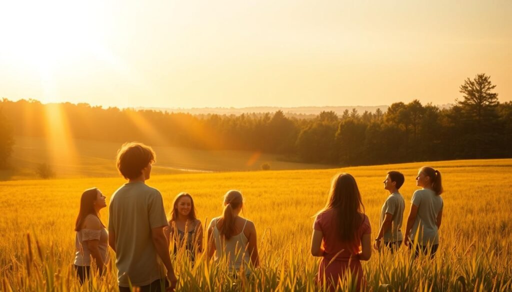 A peaceful meadow bathed in warm, golden sunlight. In the foreground, a group of teens gathered, their faces aglow with wonder and reverence as they witness the divine at work in their lives. Soft, translucent rays of light emanate from the heavens, illuminating their path to self-discovery. The teens' body language exudes a sense of connection, vulnerability, and spiritual awakening. In the middle ground, a majestic, tree-lined horizon stretches, symbolizing the infinite potential of their journeys. The overall atmosphere is one of tranquility, introspection, and a profound recognition of the guiding hand of the divine.