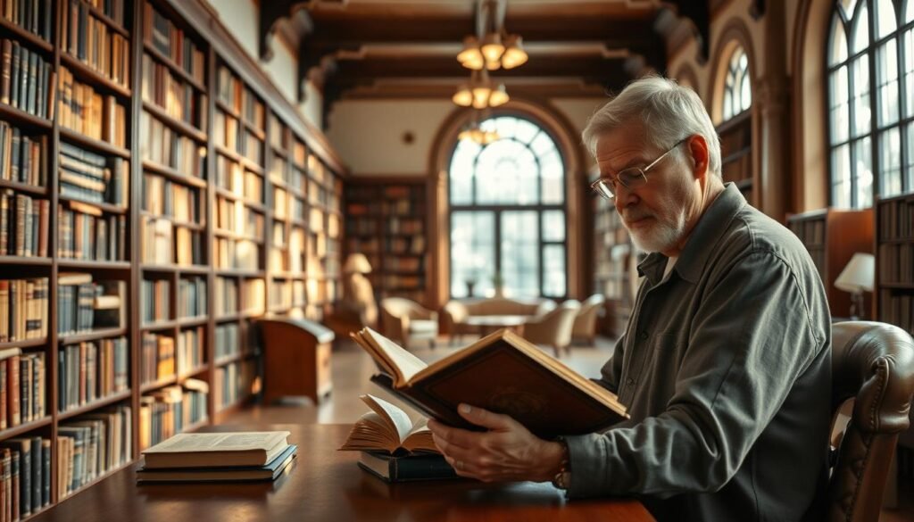 A peaceful, well-lit library interior with rows of bookshelves lining the walls, showcasing a diverse collection of rare and antique books. In the foreground, a middle-aged scholar sits at a wooden desk, carefully examining an old, leather-bound volume, their expression one of deep fascination. Soft, natural light filters in through large windows, casting a warm, inviting glow throughout the space. The background features a cozy seating area with plush armchairs, encouraging leisurely browsing and discovery. The atmosphere conveys a sense of quiet contemplation, the perfect environment for exploring the benefits of the rare book marketplace.