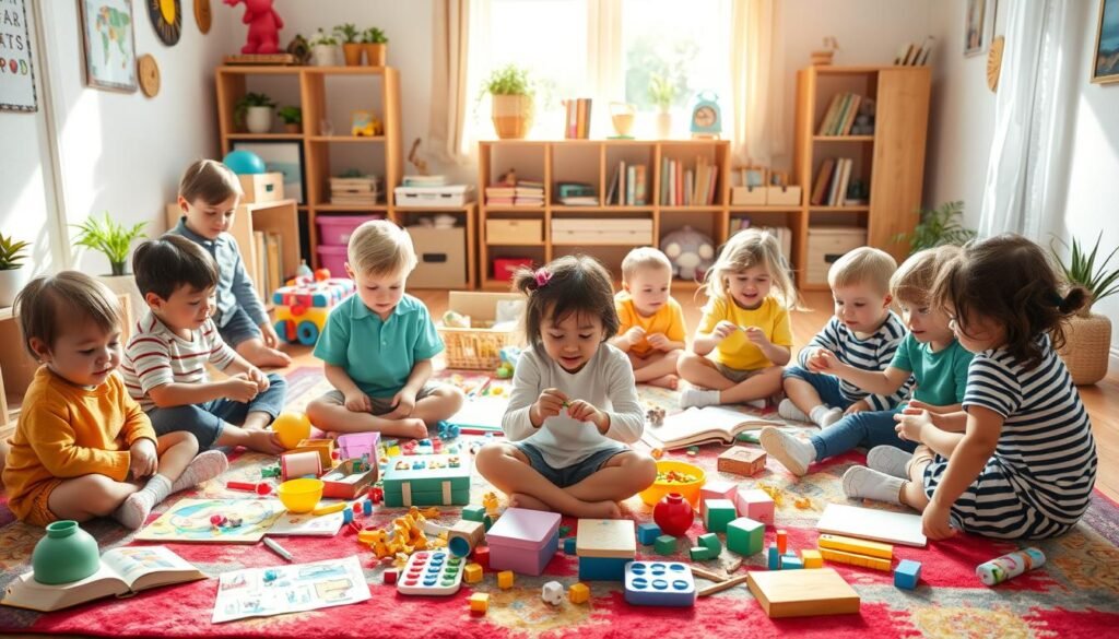 A playful scene of children engaged in various educational and creative activities to foster their intellectual and emotional development. A vibrant, sun-dappled indoor setting with a diversity of toys, books, puzzles, and arts and crafts materials scattered across a colorful rug. Children of different ages sitting, standing, and moving dynamically, their faces animated with curiosity and joy as they learn through play. Warm, soft lighting casts a gentle glow, and the composition frames the children in a harmonious, balanced arrangement that conveys a sense of nurturing, wholesome engagement. The scene exudes a spirit of discovery, imagination, and the joyful unlocking of human potential.