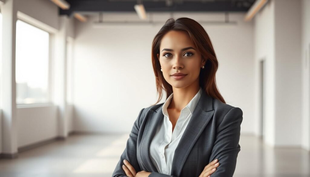 A portrait of a confident, forward-thinking woman in a modern, minimalist office setting. She stands in the foreground, wearing a smart, professional outfit, her gaze directed intently towards the viewer. Soft, diffused lighting from large windows illuminates the scene, casting a warm, inviting glow. The background features clean, geometric lines and a muted color palette, emphasizing the woman's central role and the sense of innovation and progress she represents. The overall mood is one of vision, leadership, and the transformative power of digital education.