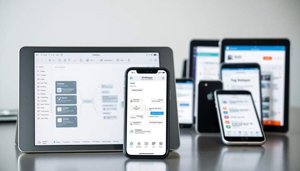 A professional and highly detailed mobile app for MindManager, showcasing seamless integration and intuitive navigation on various handheld devices. The app's interface features a clean, minimalist design with a focus on user-friendly controls and responsive touch interactions. In the foreground, a tablet display presents a MindManager project plan, with dynamic mind mapping tools and real-time collaboration capabilities. The middle ground showcases a smartphone displaying a synchronized MindManager session, allowing for on-the-go productivity. The background depicts a range of mobile devices, including smartphones and tablets, highlighting the app's cross-platform compatibility and versatility. The overall scene conveys a sense of modern, efficient project management facilitated by the seamless integration of MindManager with mobile technologies.