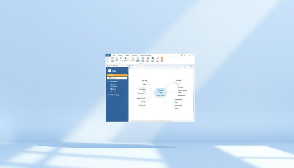 A professional, high-quality digital illustration of the MindManager software for creating mind maps. The image should depict the MindManager user interface prominently in the center, showcasing its key features such as the canvas, toolbar, and node structure. The background should feature a clean, minimalist design with subtle shades of blue and gray, creating a calming and focused atmosphere. The lighting should be soft and natural, highlighting the details of the software interface. The overall composition should be well-balanced, drawing the viewer's attention to the central MindManager application and conveying a sense of productivity, organization, and creativity.