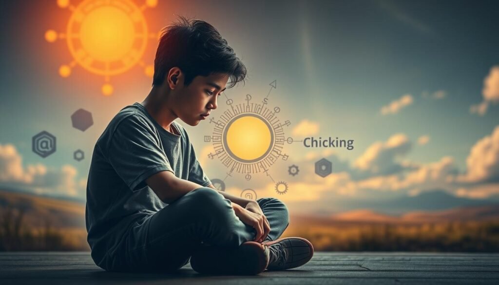 A scene depicting the concept of critical thinking. In the foreground, a young person sits cross-legged, their face illuminated by a warm, contemplative light as they deeply ponder a complex problem. The middle ground features an array of abstract shapes and symbols, representing the multi-faceted nature of critical analysis. In the background, a dreamlike landscape unfolds, hinting at the boundless possibilities unlocked through critical thinking. The overall atmosphere evokes a sense of intellectual curiosity, problem-solving, and the joy of discovery. Shot with a shallow depth of field and soft, diffused lighting to create a pensive, introspective mood.