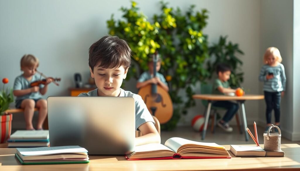 A serene and balanced scene depicting a child engaging in a variety of activities. In the foreground, a young student sits at a desk, focused on a laptop computer, surrounded by books and school supplies. In the middle ground, the child plays a musical instrument, while in the background, they participate in outdoor activities such as gardening, sports, and interacting with friends. The lighting is soft and natural, creating a warm and inviting atmosphere. The composition is well-balanced, highlighting the harmony between digital and physical pursuits. The overall tone conveys the importance of maintaining a healthy balance between technology and other enriching activities in a child's development.