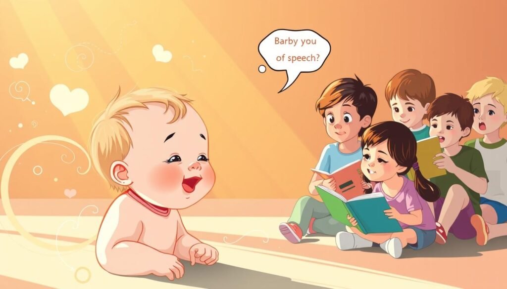 A serene and colorful illustration depicting the stages of language development in children. In the foreground, a toddler babbling and cooing, surrounded by swirling shapes and patterns that represent the emergence of speech. In the middle ground, a young child engaged in animated conversation, with thought bubbles and expressive gestures. In the background, a group of older children reading aloud, their faces alight with the joy of storytelling. The scene is bathed in warm, natural lighting, evoking a sense of growth, discovery, and the beauty of the language-learning process. The composition is balanced and harmonious, inviting the viewer to explore the unfolding narrative of a child's linguistic journey.