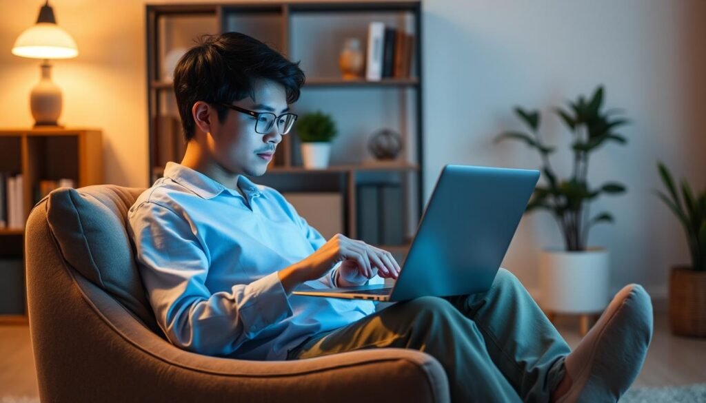 A serene and engaging user experience with Magoosh. A student sitting comfortably on a soft, cushioned chair, illuminated by warm, indirect lighting. The student is intently focused on a sleek, modern laptop, navigating Magoosh's intuitive interface. The background features a minimalist, cozy home office setting, with bookshelves and plants adding a touch of nature. The overall atmosphere exudes a sense of productivity, comfort, and confidence, reflecting the Magoosh platform's ability to provide a seamless and empowering educational journey.