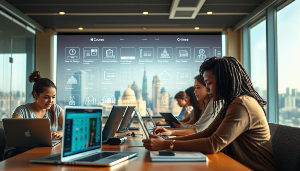 A serene and inviting online learning environment with a sleek, modern interface. In the foreground, a group of diverse students diligently engage with interactive course materials on their laptops and tablets, their expressions focused and engaged. The middle ground features an array of course icons and subject matter, hinting at the breadth of educational opportunities available. The background showcases a softly blurred cityscape, conveying a sense of global connectivity and the ability to learn from anywhere. Warm, natural lighting casts a gentle glow, creating a welcoming and productive atmosphere. The overall scene evokes a sense of empowerment, knowledge acquisition, and personal growth through accessible, high-quality online education.