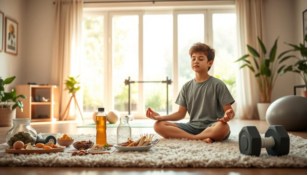 A serene and inviting scene depicting student health and wellness. In the foreground, a young student sits cross-legged on a plush rug, practicing mindful meditation with eyes closed and a serene expression. Surrounding them, an array of healthy snacks and a reusable water bottle suggest nourishing habits. In the middle ground, a well-equipped home gym setup with dumbbells, a yoga mat, and exercise ball conveys the importance of physical activity. The background features a tranquil, sunlit room with large windows overlooking a lush, verdant garden, creating a calming, nature-inspired atmosphere. Soft, diffused lighting and muted, earthy tones evoke a sense of balance and harmony, highlighting the student's holistic approach to well-being.