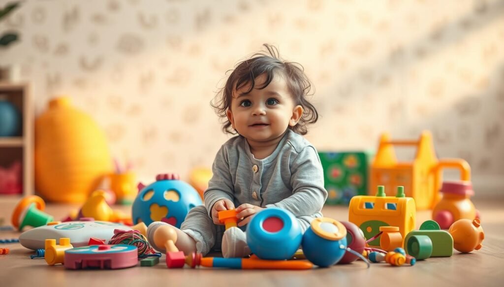 A serene and nurturing environment with a young child sitting on the floor, surrounded by various educational toys and learning materials. The child's face radiates a sense of wonder and curiosity as they engage with the colorful and stimulating objects. The scene is bathed in soft, warm lighting, creating a calming and inviting atmosphere. In the background, a subtle, blurred pattern of shapes and textures evokes a sense of growth, development, and the boundless potential of the child's mind. The overall composition conveys the importance of fostering a child's skills and abilities through interactive, multisensory learning experiences.