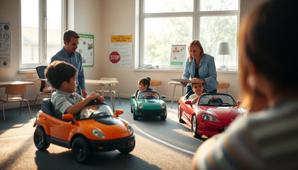 A serene classroom scene, with a teacher guiding a group of young students through the fundamentals of driving. The students, attentive and eager, sit in miniature cars, navigating a scaled-down road course. Soft, natural lighting filters in through large windows, casting a warm glow on the scene. The teacher, a patient and experienced figure, stands nearby, providing instruction and encouragement. In the background, educational posters and signage related to traffic rules and road safety adorn the walls, creating a sense of a dedicated learning environment. The overall atmosphere conveys the challenges of teaching such an important life skill, but also the joy and satisfaction of imparting knowledge to the next generation of drivers.
