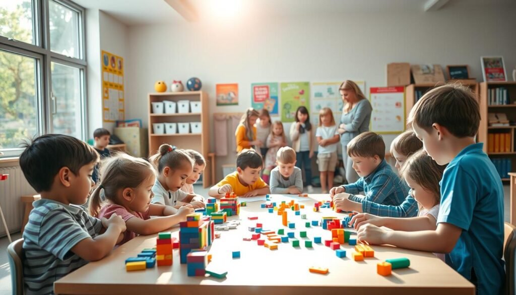 A serene classroom setting, with children engaged in various cognitive activities. In the foreground, a group of kids sit around a table, their faces alight with concentration as they solve puzzles and build structures with colorful blocks. Sunlight streams in through large windows, casting a warm glow over the scene. In the middle ground, another group of children gather around a teacher, listening intently as she guides them through a hands-on science experiment. The background features educational posters, bookshelves, and learning resources, creating an atmosphere of intellectual stimulation. The overall mood is one of curiosity, discovery, and the joyful pursuit of knowledge.