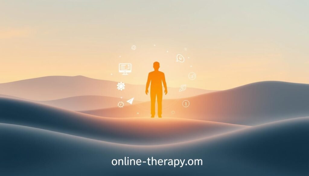 A serene digital landscape with a central figure representing digital cognitive-behavioral therapy. The figure is rendered in a warm, inviting palette, surrounded by minimalist icons and symbols suggesting the online nature of the treatment. The background features clean, geometric shapes and gradients, creating a sense of balance and harmony. Soft, diffused lighting illuminates the scene, conveying a calming, therapeutic atmosphere. The overall composition emphasizes the integration of technology and mental health, reflecting the essence of the "online-therapy.com" service.