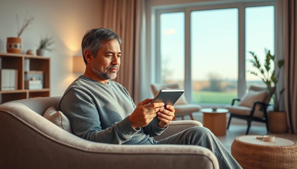 A serene digital therapy session unfolding in a warm, inviting space. In the foreground, a person sits comfortably on a plush armchair, immersed in a video call on a sleek tablet device. Their expression is one of attentiveness and openness, reflecting the transformative power of online mental health support. The middle ground features a minimalist, calming decor - muted tones, natural materials, and soft lighting create an atmosphere of comfort and privacy. In the background, a large window offers a glimpse of a tranquil outdoor scene, symbolizing the harmony between digital and natural realms. Overall, the image conveys the effectiveness, accessibility, and therapeutic benefits of digital counseling.