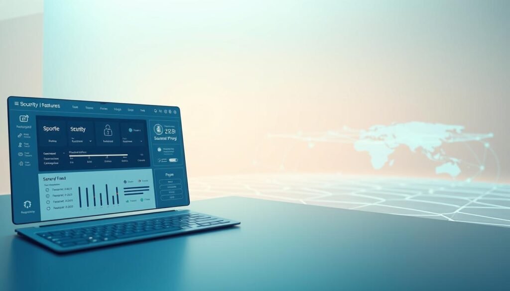 A serene, high-tech virtual private network interface materializes, showcasing advanced privacy features. In the foreground, a sleek, minimalist dashboard displays various security options and toggles, with a clean, intuitive layout. The middle ground features a secure network map, with interconnected nodes and encrypted data pathways. In the background, a subtle, iridescent force field envelops the scene, radiating a sense of impenetrable digital protection. Soft, ambient lighting illuminates the setup, creating a serene, futuristic atmosphere. The overall composition conveys a strong emphasis on privacy, security, and technological sophistication.
