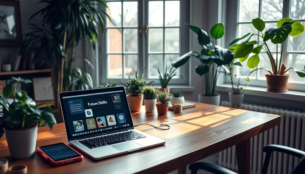 A serene home office scene, with a laptop and tablet on a wooden desk, surrounded by vibrant plants and natural light filtering through large windows. The desk is adorned with icons and images representing various online short courses, each offering a glimpse into the diverse range of future skills available. The atmosphere is one of focused productivity, with a sense of calm and inspiration emanating from the carefully curated space. A sense of potential and growth permeates the scene, hinting at the transformative power of these expert-led online learning opportunities.