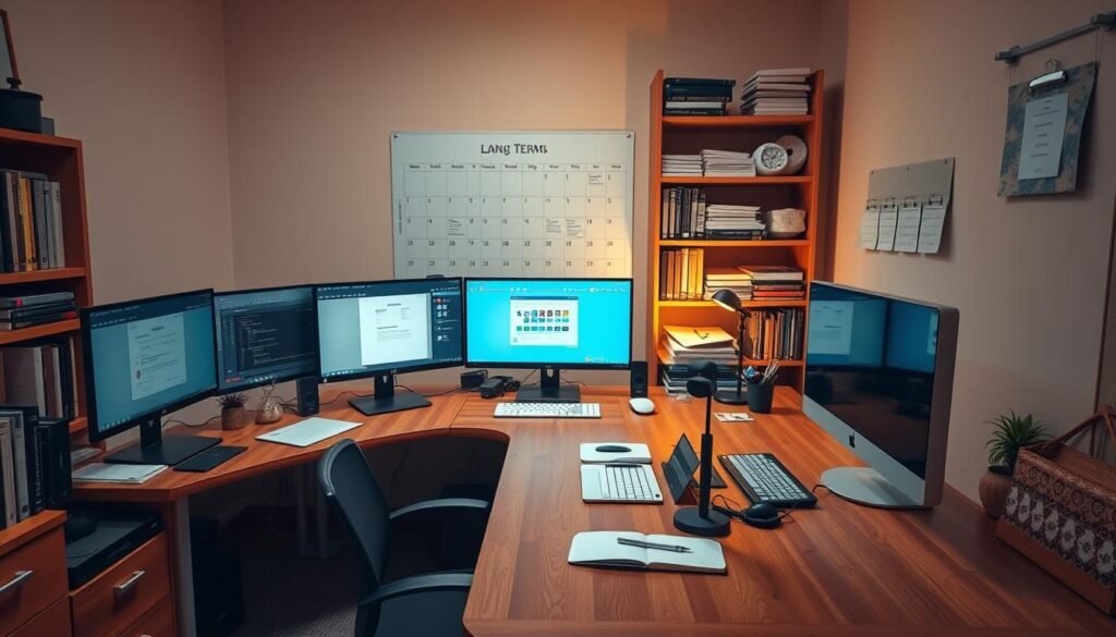 A serene home office setup with a large wooden desk, multiple computer monitors, and various productivity tools and stationery neatly arranged. The lighting is warm and diffused, creating a cozy atmosphere. In the background, a bookshelf filled with reference materials and a calendar displaying long-term tasks and deadlines. The scene conveys a sense of organization, focus, and thoughtful long-term planning, reflecting the concept of "إدارة المهام طويلة الأجل".