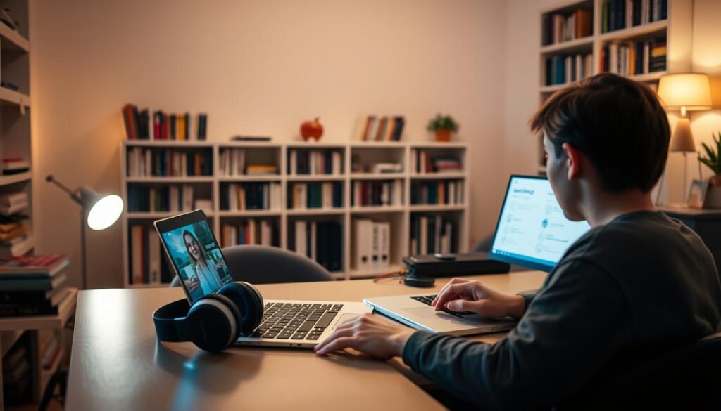 A serene home study with a laptop and headphones on a desk, casting a warm glow. In the foreground, a person engrossed in learning a new language through an online video tutorial, their face lit by the screen's soft light. Bookshelves line the walls, hinting at a wealth of knowledge. The atmosphere is calm and focused, reflecting the ease of learning a new skill from the comfort of one's own space.
