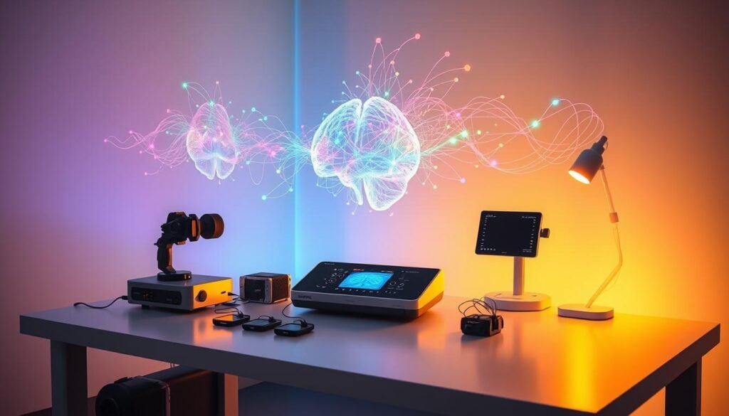 A serene laboratory setting, bathed in a warm, soothing glow. On a sleek table, an array of cutting-edge NeuroVizr instruments - sensors, displays, and a central console. Diffused light cascades over the scene, creating a contemplative atmosphere. Holograms of brain activity patterns dance in the air, pulsing with vibrant colors that represent the intricate workings of the mind. The instruments are positioned to capture this mesmerizing display, ready to analyze and visualize the neural data. The overall scene conveys a sense of advanced technology dedicated to understanding the complexities of the human brain.