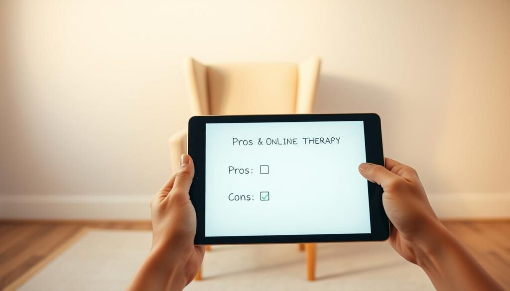 A serene, minimalist scene depicting the pros and cons of online therapy. In the foreground, a pair of hands holding a tablet displaying a checklist - the "pros" written in a soft, soothing color, the "cons" in a more subdued tone. The middle ground features a simple, elegant chair set against a plain, neutral wall, suggesting the comfortable, private setting of an online session. The background is softly blurred, creating a sense of focus and calm. Warm, natural lighting casts a gentle glow, conveying the thoughtful, introspective atmosphere of the therapeutic experience. The overall composition is balanced, clean, and inviting, mirroring the accessible yet confidential nature of online therapy.