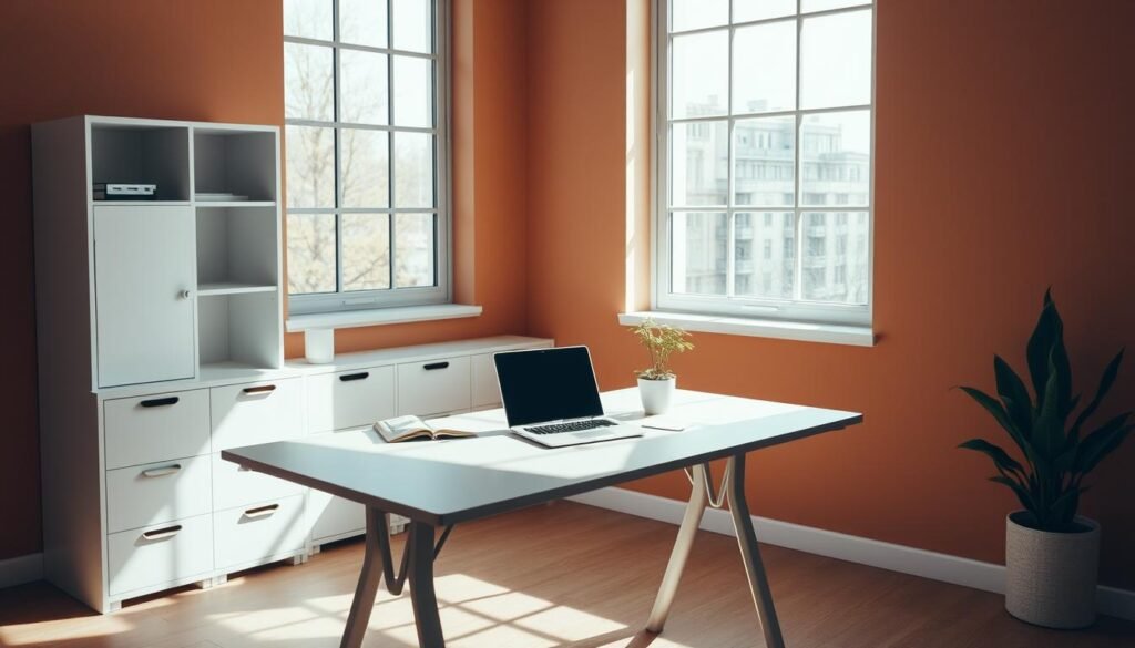 A serene, minimalist study space with natural lighting filtering through large windows. A sleek, distraction-free desk with a single laptop and a plant, placed against a warm, neutral-toned wall. The room is uncluttered, with no visible electronic devices or notifications, encouraging deep focus and creativity. The atmosphere is calming, with a sense of tranquility and productivity. The camera angle is slightly elevated, capturing the entire scene in a balanced, harmonious composition.