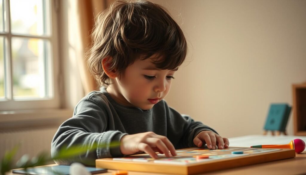A serene, natural setting with a young child deeply focused on a puzzle or educational game, their face alight with concentration. Soft, diffused lighting from a window casts a warm, inviting glow. The child's surroundings are uncluttered, with minimal distractions, allowing them to fully immerse themselves in the task at hand. Subtle details, such as brain-stimulating toys or a memory-enhancing game, are strategically placed to reinforce the theme of strengthening cognitive abilities. The overall atmosphere is one of tranquility and intellectual engagement, inspiring the viewer to cultivate similar moments of mindful learning and memory-building.