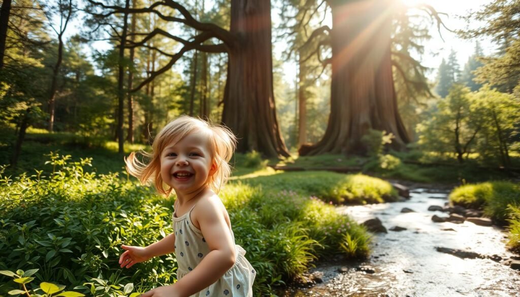 A serene, sun-dappled forest glade where a young child plays, their carefree laughter echoing through the dappled light. In the foreground, the child's face is radiant with joy, their movements fluid and expressive. The middle ground reveals a tranquil stream winding through the verdant undergrowth, symbolizing the gentle flow of a nurturing childhood. The background depicts towering, ancient trees, their branches reaching skyward, signifying the long-term growth and development fostered by attentive care. The scene is bathed in a warm, golden glow, conveying a sense of security, contentment, and the profound impact of a child's formative years.