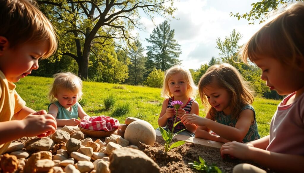 A serene, sun-dappled outdoor scene showcasing various sensory exploration activities for children. In the foreground, a group of young kids enthusiastically engage with different tactile objects, like smooth stones, rough bark, and soft fabrics. In the middle ground, a pair of children inspect a budding flower up close, their faces filled with wonder. The background depicts a lush, verdant landscape with towering trees, fluffy clouds, and a gentle breeze rustling the leaves. Soft, warm lighting bathes the entire scene, creating a peaceful, inviting atmosphere that encourages hands-on learning and curiosity about the natural world.