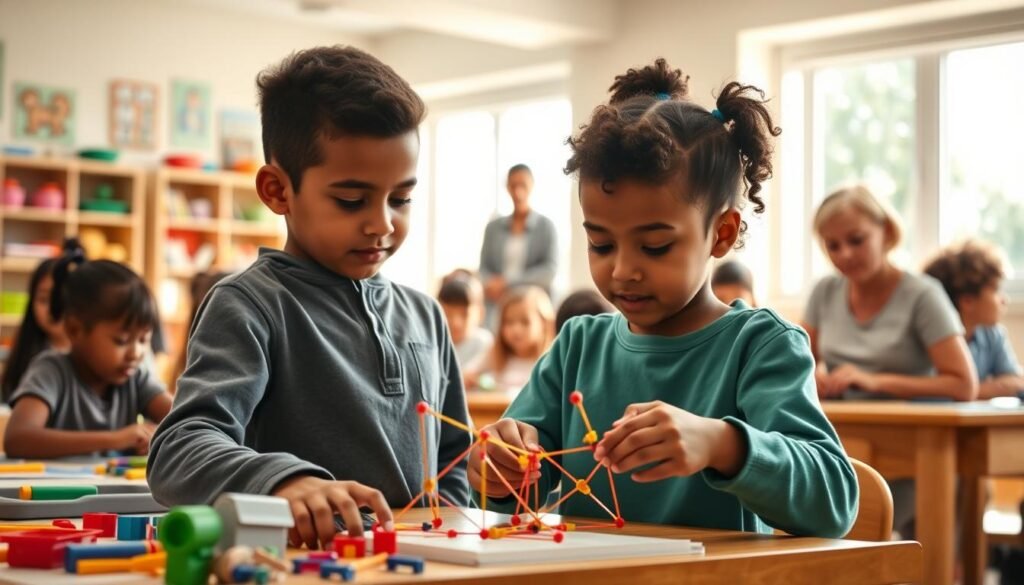 A serene, sunlit classroom filled with engaged children, their faces alight with curiosity and excitement. Vibrant colors, interactive learning stations, and a sense of collaborative discovery. In the foreground, a young student constructs a model, their hands skillfully manipulating the pieces as they problem-solve. Surrounding them, peers gathered in small groups, deep in animated discussion, ideas flowing freely. In the background, the teacher, a guiding presence, observing and facilitating, nurturing the children's innate desire to learn and grow. The scene conveys the power of active, immersive education, where each child's unique personality blossoms through hands-on exploration and meaningful interaction.