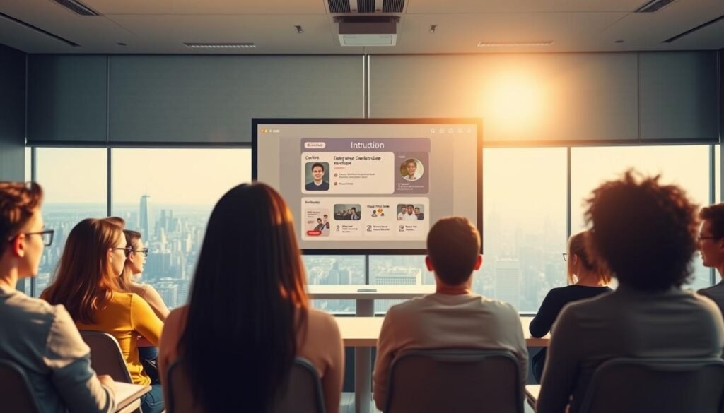 A serene, sunlit classroom setting with a central projection screen displaying a modern, intuitive online course interface. In the foreground, students of diverse backgrounds engage with the content, their faces aglow with the warm lighting. The middle ground features a minimalist, yet elegant instructor's desk, signifying the personal guidance and expertise woven into the digital experience. The background showcases a panoramic view of a bustling city skyline, hinting at the global reach and accessibility of the online learning platform. The overall composition conveys a sense of focused learning, innovation, and the seamless integration of technology and human-centered design.