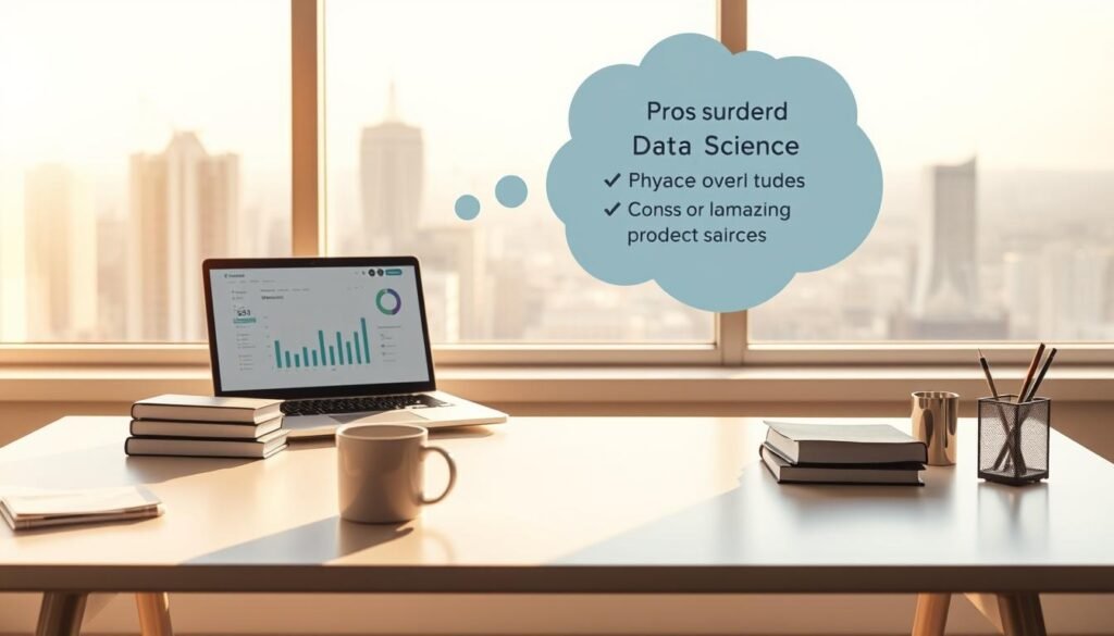 A serene, sunlit office setting with a sleek, minimalist desk. On the desk, a laptop displays a data analysis dashboard, surrounded by a stack of books, a mug of coffee, and a pen holder. In the foreground, a thought bubble hovers, listing the pros and cons of data science learning in a clean, typographic style. The background features a large window overlooking a cityscape, casting a warm, golden glow throughout the scene. The composition is balanced, with the focus on the central desk and thought bubble. The mood is one of contemplation and productivity.