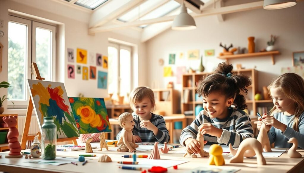 A serene, well-lit classroom filled with curious, eager children engaged in various creative activities. A young girl painting a vibrant canvas, a boy sculpting a whimsical clay figure, and others sketching imaginative designs. The room is adorned with colorful drawings, models, and sculptures showcasing the children's boundless creativity. Soft, natural lighting filters through large windows, casting a warm, inspiring glow. The atmosphere exudes a sense of wonder, exploration, and the boundless potential of young minds. The children's faces radiate joy and excitement as they immerse themselves in the process of bringing their ideas to life.