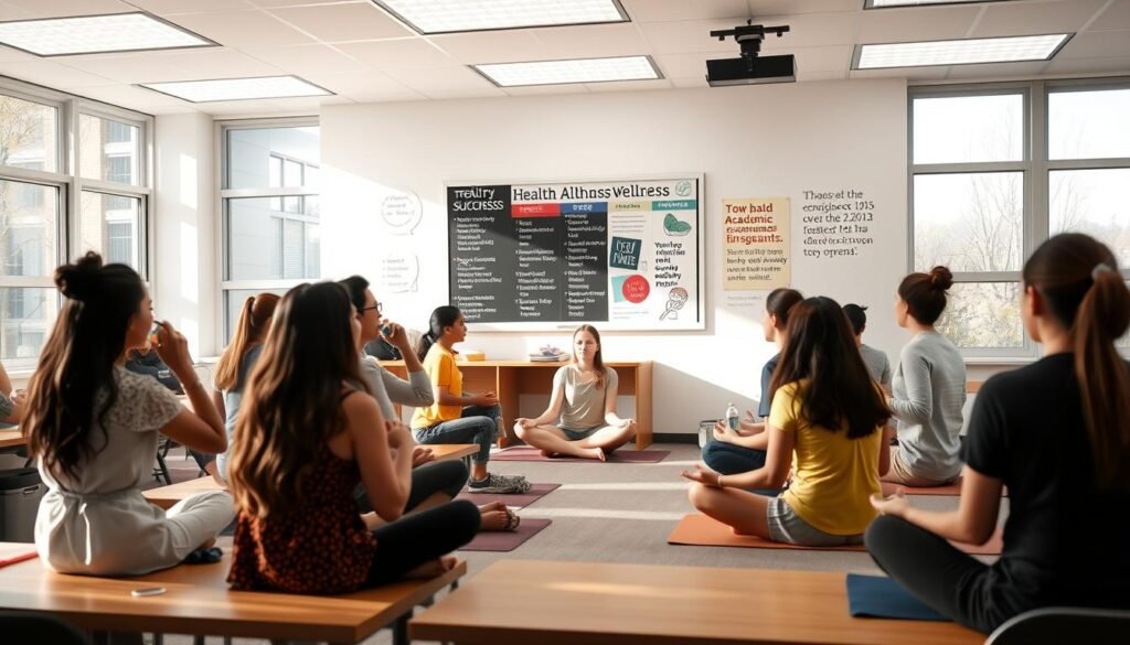 A serene, well-lit classroom setting with large windows and natural light. In the foreground, a group of diverse students engaged in various wellness activities - some practicing yoga poses, others sipping from water bottles, and a few sitting cross-legged and meditating. In the middle ground, a health and wellness notice board displays tips for stress management, healthy eating, and exercise routines. The background features motivational quotes and illustrations promoting physical and mental well-being. The overall atmosphere is calming, encouraging, and focused on holistic academic success.