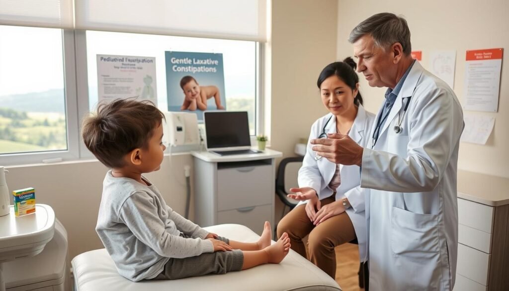 A serene, well-lit doctor's office with a warm, comforting atmosphere. In the foreground, a young child sits on an examination table, accompanied by a concerned parent. The doctor, wearing a white coat, discusses gentle laxative options, gesturing towards a display of pediatric constipation treatments. The middle ground features medical equipment and educational posters, conveying a sense of professional care. The background depicts a soothing, natural landscape visible through a window, creating a calming, reassuring environment. The scene evokes a sense of trust, empathy, and the prioritization of the child's well-being.