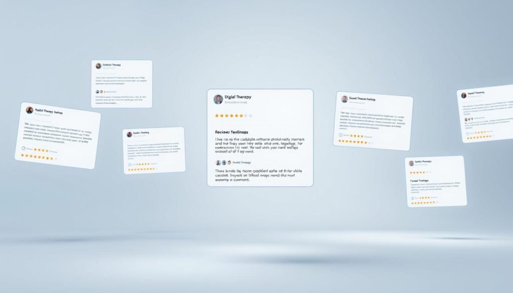 A series of digital therapy review screens floating in a serene, minimalist space. The screens display candid testimonials, numerical ratings, and customer feedback about the online therapy experience. The layout is clean and uncluttered, with a calming color palette of soft blues, grays, and whites. Diffused lighting creates a sense of depth and focus, drawing the viewer's attention to the review content. The overall mood is one of trust, transparency, and user-centric empowerment, reflecting the values of the online therapy platform.