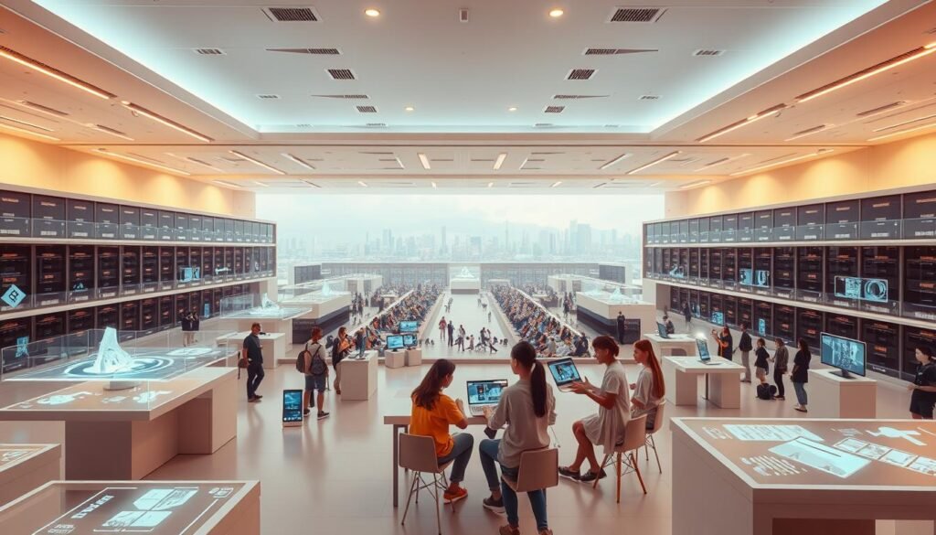 A sleek and modern educational platform with advanced technologies. A sprawling virtual campus, meticulously designed with clean lines, minimalist aesthetics, and seamless user interfaces. Holographic displays, interactive holograms, and touchscreen panels populate the foreground, showcasing the cutting-edge tools at the learners' fingertips. In the middle ground, small groups of students collaborate on projects, immersed in 3D simulations and augmented reality lessons. The background reveals a panoramic view of the platform's expansive digital infrastructure, with servers, data centers, and cloud computing resources powering the immersive educational experience. Warm, natural lighting fills the scene, creating a welcoming and inviting atmosphere for the technology-driven learning environment.