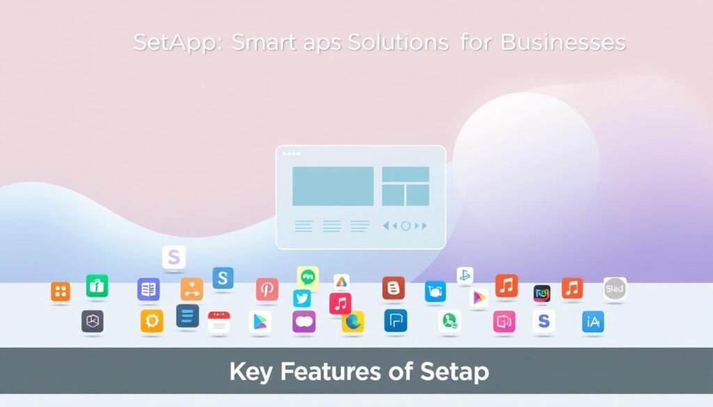 A sleek and modern illustration showcasing the key features of the SetApp application. In the foreground, an array of colorful app icons represents the diverse suite of tools and solutions offered by SetApp. The middle ground features a clean, minimalist interface with intuitive controls and seamless workflow. In the background, a soft, gradient-filled backdrop suggests the power and intelligence of the SetApp platform. The overall scene conveys a sense of sophistication, efficiency, and technological advancement, aligning with the subject of "SetApp: Smart App Solutions for Businesses" and the section title "Key Features of SetApp".